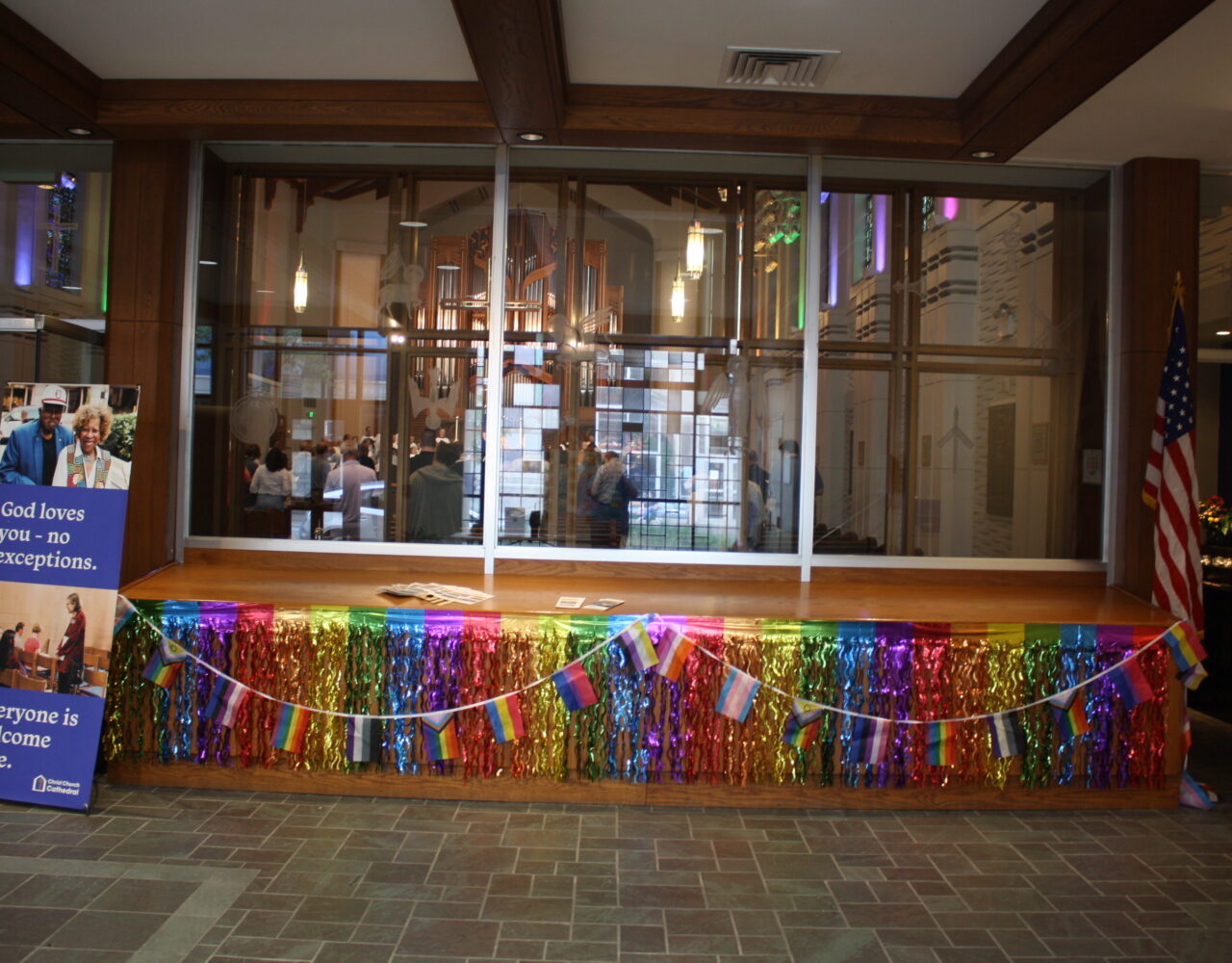 Christ Church Cathedral Cincinnati celebrating LGBTQ+ and Pride. Pride service with Holy Eucharist. God loves everyone, no exceptions.